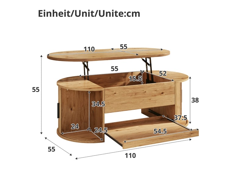  Table basse naturel, rangement, extensible, portes coulissantes, design moderne, angles arrondis - mdf - 110x55x55cm - salon  - Conforama E