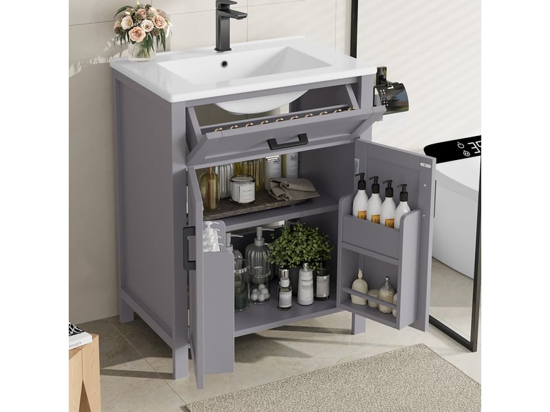 Meuble sous vasque avec 2 portes, 1 tiroir réversible et étagère réglable pour salle de bain, 60×46×84,8 cm - Conforama C