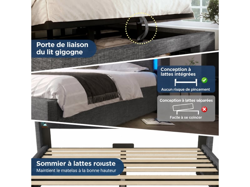  Lit coffre 160x200 cm en lin gris, tiroir, led et ports usb et usb-c  - Conforama E