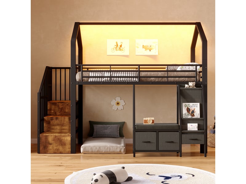Lit mezzanine cabane 90x200 cm, escalier rangement modulable, tiroirs, étagères, led multicolore, métal et mdf - noir (sans matelas) - Conforama C