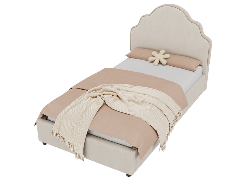  Lit capitonné, lit simple, lit enfant 90 x 200 cm, lit avec tête de lit capitonnée, lin, beige  - Conforama A
