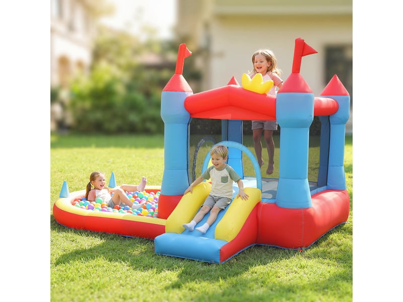 Château gonflable avec souffleur, toboggan, trampoline, pataugeoirepiscine à balles, pistolet à eau, 342 x 255 x 209 cm, bleu - Conforama C