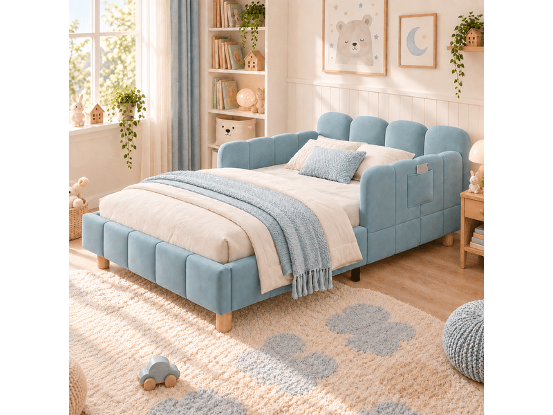  Lit enfant rembourré 90x200 cm en velours avec tête de lit, barrière de sécurité et pieds en bois massif, pour chambre d’enfant - bleu  - Conforama B