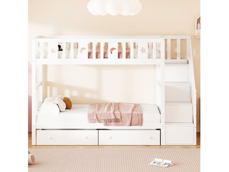  Modenvie lit superpose enfant 90x200 cm - avec escalier de rangement, sommier inclus, sans matelas - blanc  - Conforama E