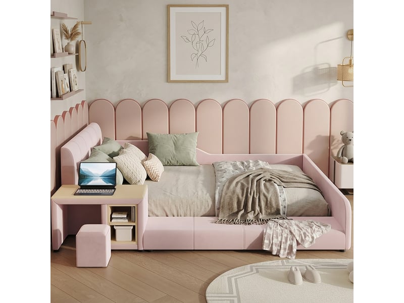  Lit enfant, 140x200 cm, espace nuit, avec bureau, tabouret, tablette, lattes, matelas non inclus, bois, coloris rose  - Conforama D