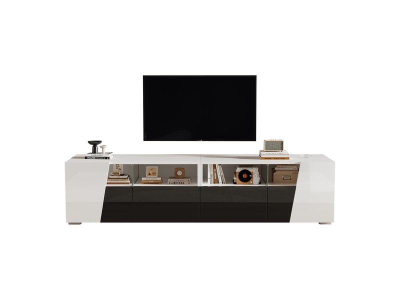  Meuble tv blanc et noir brillant led 180x38,5x45 cm - 2 tiroirs, 2 portes, étagères  - Conforama A