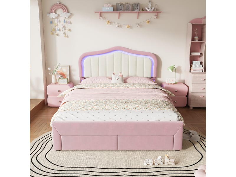 Lit avec rangement enfant 140x200 cm en velours rose avec 2 tiroirs et éclairage led - Conforama E
