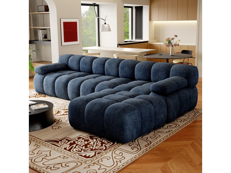 Canapé d’angle en l 4 places 300x200x68 cm sans structure, sans montage, mousse haute résilience, assise profonde et large, tissu chenille bleu - Conforama C