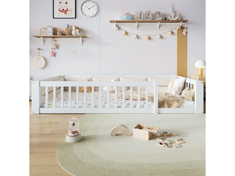 Lit enfant 90x200 cm, lit simple avec barrières de sécurité, coussins rembourrés, sommier, pin + mdf, blanc sans matelas  - Conforama D