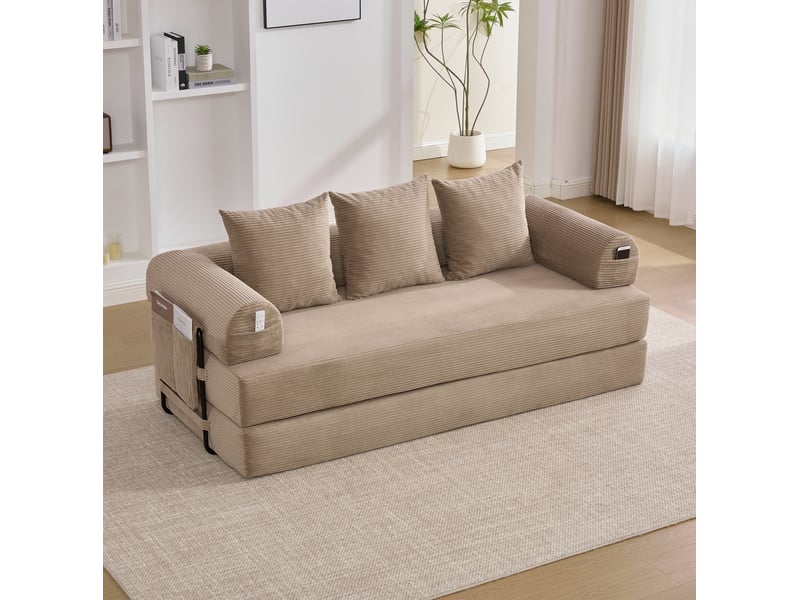 Canapé modulaire transformable avec poches latérales et 3 coussins, en velours côtelé kaki, 200 × 94 × 67 cm - Conforama B