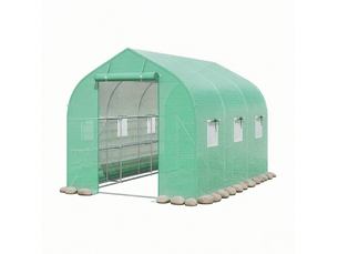 Serre de jardin 198 x 293 x 194 cm – verte – 2 étagères, porte enroulable et 6 fenêtres grillagées