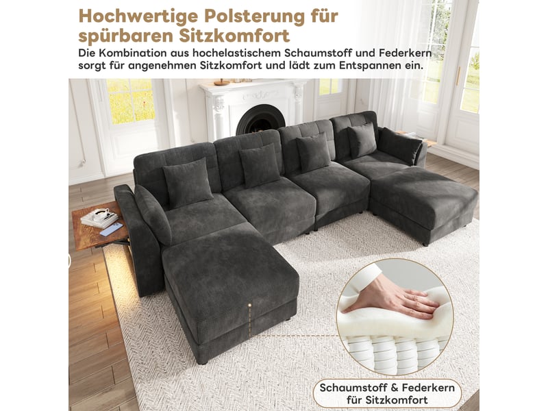 Canapé modulable en chenille gris, canapé d'angle ul avec éclairage led & table rabattable, 6-7 places pour grand salon moderne - Conforama E
