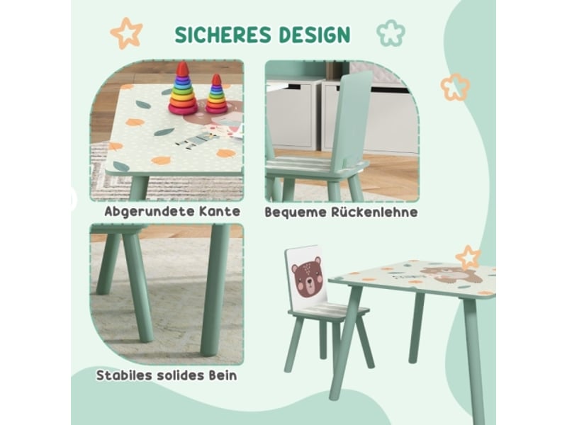 Ensemble table et 2 chaises enfant, motif animaux, pour 3-8 ans, vert, mobilier enfant  - Conforama E