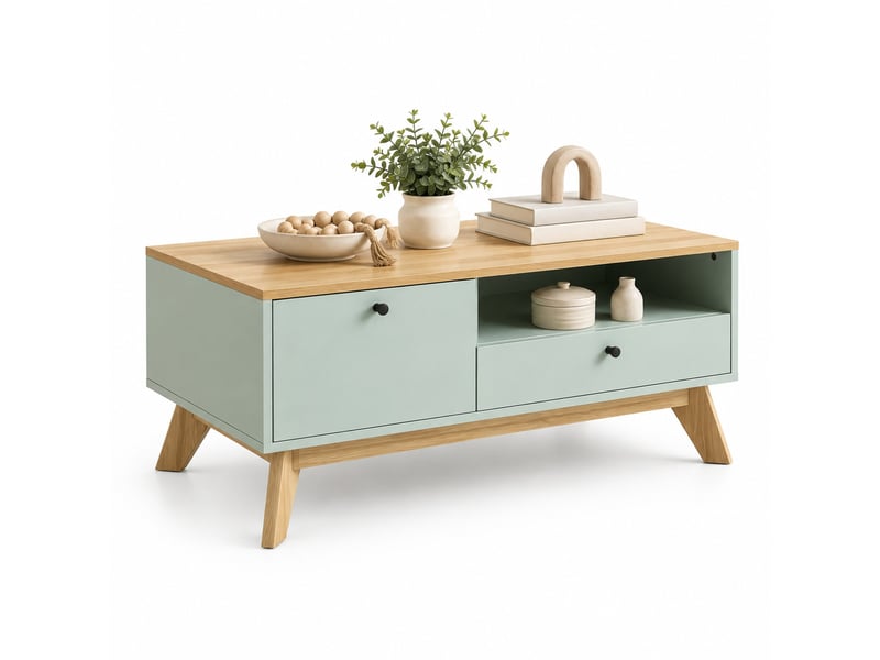 Table basse rectangulaire de rangement, avec tiroir, porte et niche ouverte, pour salon, mdf, vert clair - Conforama A