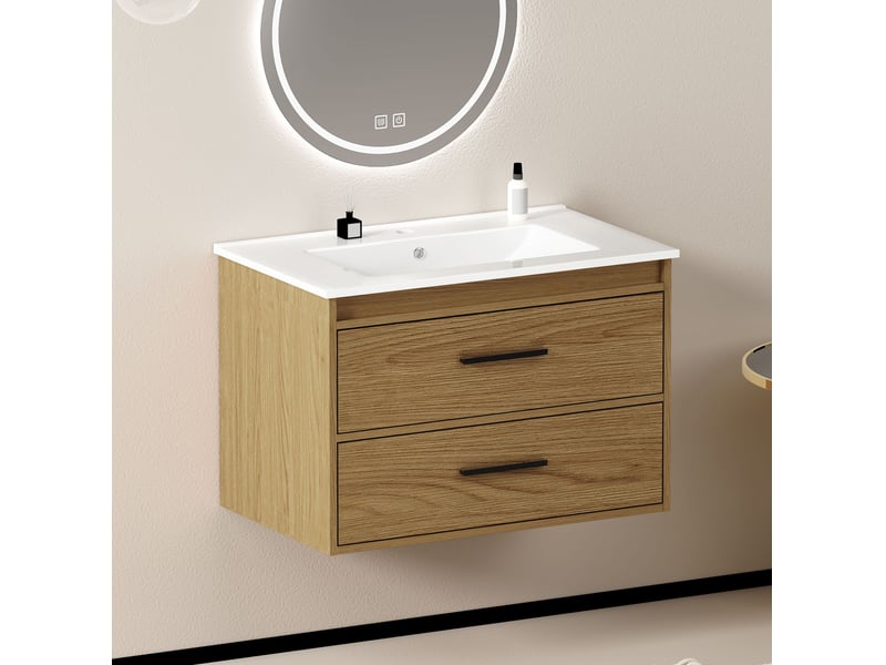  Armoire de salle de bain avec 2 tiroirs à fermeture silencieuse, rangement en mdf et céramique, chêne clair, 75 cm  - Conforama C