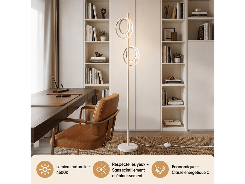 Lampadaire led 2 anneaux 21w 1590 lm, 4500k blanc neutre, blanc sablé et chrome, h159 cm, interrupteur au pied, prise eu, câble 1,8 m - Conforama D