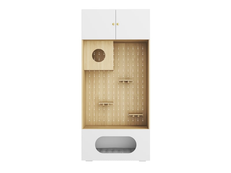  Armoire multiusage 90 x 50 x 200 cm blanc et bois, avec mur d’escalade, niche, couchages et coussin doux, rangement intégré  - Conforama A