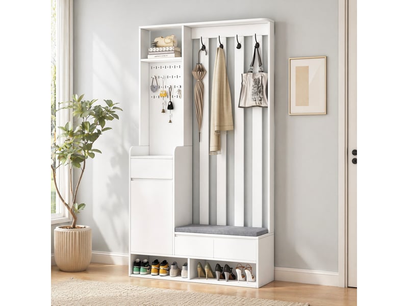 Meuble d'entrée avec banc rembourré, 4 crochets, tiroir, placard et panneau perforé en mdf blanc 100 × 35 × 180 cm - Conforama D