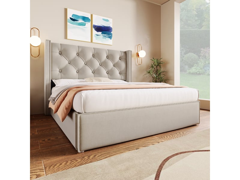  Lit double rembourré 160x200cm avec sommier métallique, coffre hydraulique, tête de lit, coton, gris clair  - Conforama E