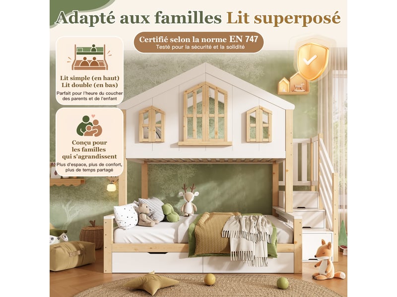 Lit superposé enfant 90x200+140x200 cm avec toit à pignon et fenêtres, escalier de rangement, 2 tiroirs, blanc et bois naturel. - Conforama E