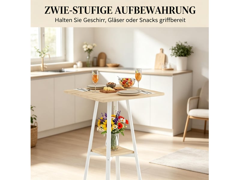 Table haute carrée 55 x 55 cm en bois clair et métal blanc, avec étagère basse pour 2 personnes à la maison - Conforama D
