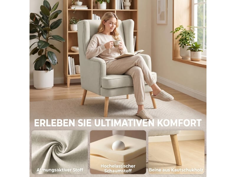  Fauteuil rembourré à haut dossier aspect lin avec coussin lombaire  - Conforama C