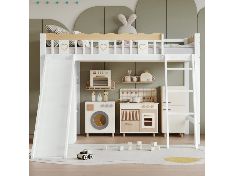 Lit mezzanine enfant 90x200 cm avec toboggan, armoire et rangement blanc naturel - Conforama E
