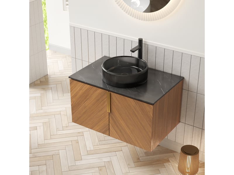  Meuble vasque suspendu en verre, pierre frittée et contreplaqué avec 2 portes noir et brun chêne chicfurn  - Conforama D