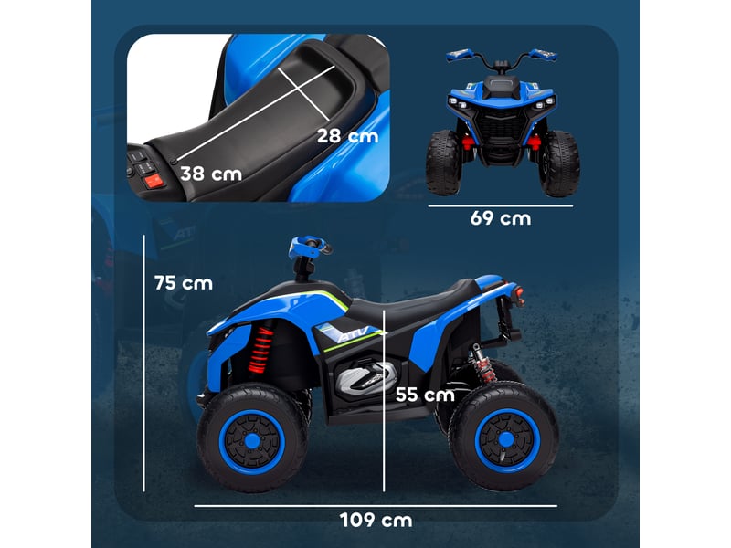  Quad électrique pour enfants, 3-6 kmh, phares led, musique, port usb, pour les 3-8 ans, bleu  - Conforama E