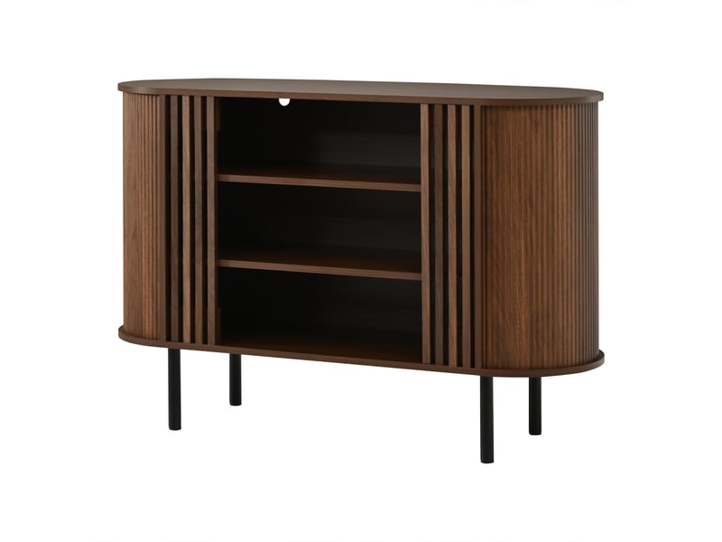  Buffet ouvert, 3 niches, décor à lattes, pieds métalliques réglables, mdf et panneaux, 120 × 40 × 80 cm, effet noyer  - Conforama A