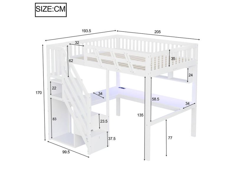  Lit mezzanine en bois massif - 140x200 cm - blanc - escalier avec rangement - bureau intégré - éclairage led 205x193.5x170cm - Conforama E