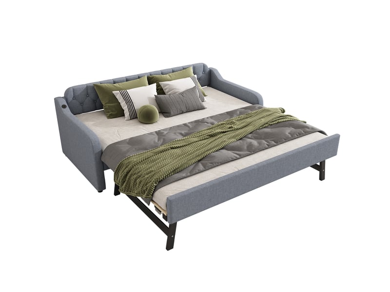  Canapé lit 90x200 en lin gris avec lit gigogne extensible et port usb intégré  - Conforama A