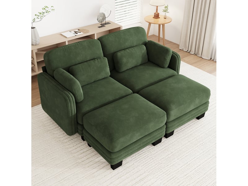  Canapé droit modulable 2 places en chenille vert avec 2 poufs  - Conforama D