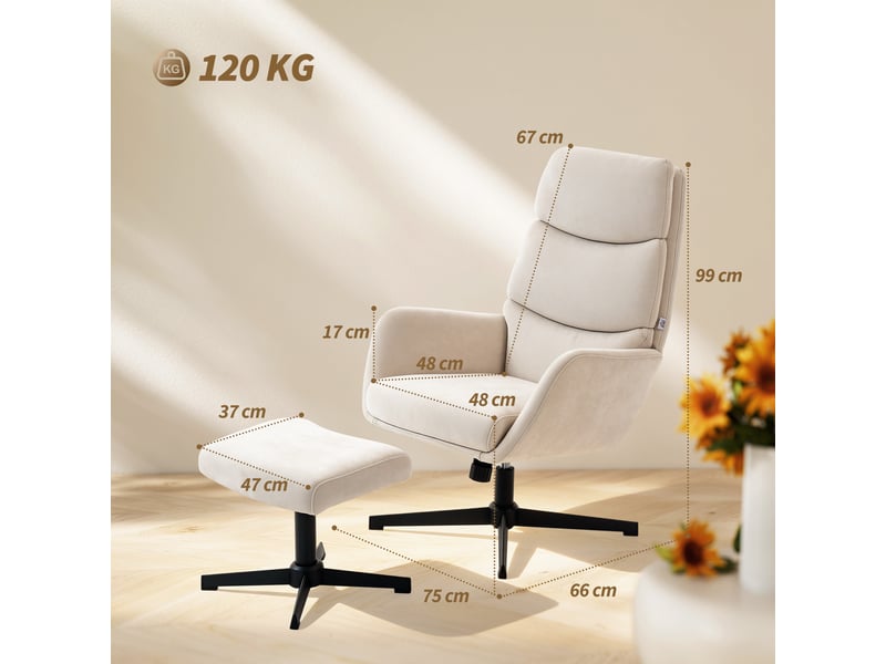  Fauteuil rembourré avec repose-pieds, fauteuil lounge à dossier haut, piètement en métal, pour salon, chambre, beige  - Conforama E