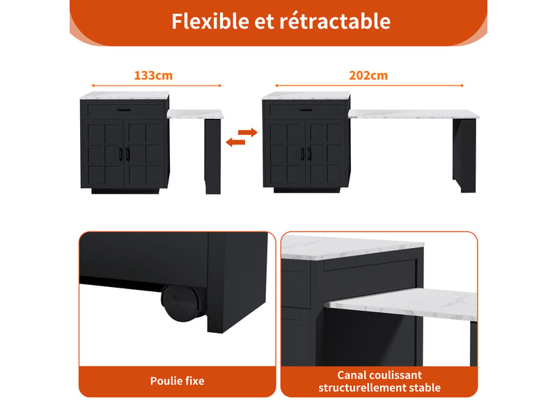  Table de bar extensible 133-202 x 70 x 93.5 cm avec 2 tiroirs, 2 portes et 2 étagères pour 2 à 6 personnes - noir  - Conforama E