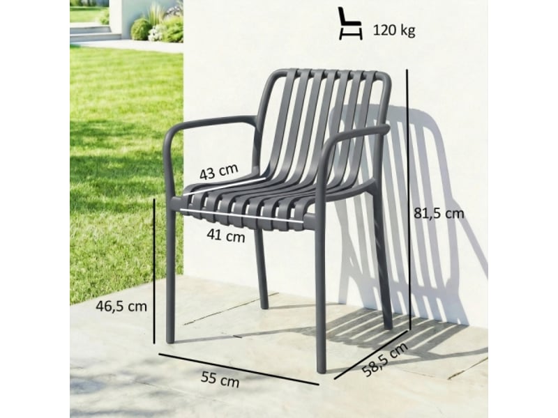Lot de 4 chaises de jardin empilables gris foncé, design lattes, accoudoirs, ergonomiques, terrasse - Conforama C