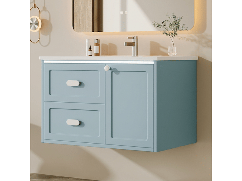 Meuble salle de bain suspendu bleu 76x46x51 cm avec vasque intégrée en céramique et éclairage led - Conforama D