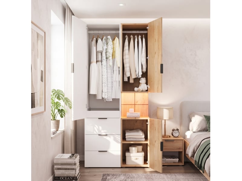  Armoire 90x49x200 cm avec éclairage led et tiroir à bijoux, mdf, blanc et bois, dressing et accessoires pour chambre  - Conforama E
