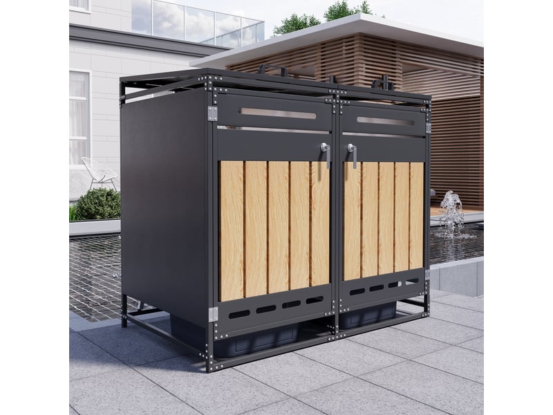  Coffre à poubelles extérieur deux compartiments - couvercle hydraulique, revêtement vertical imitation bois, ventilation perforée, armoire en fer verrouillable  - Conforama E