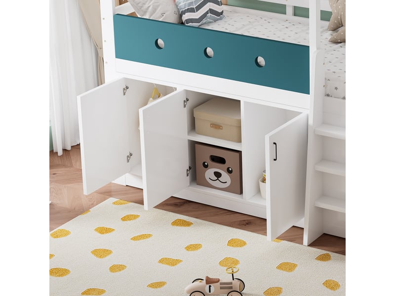  Lit mezzanine enfant 90x200 cm en bois blanc, design maison, rangement et espace de jeu  - Conforama E