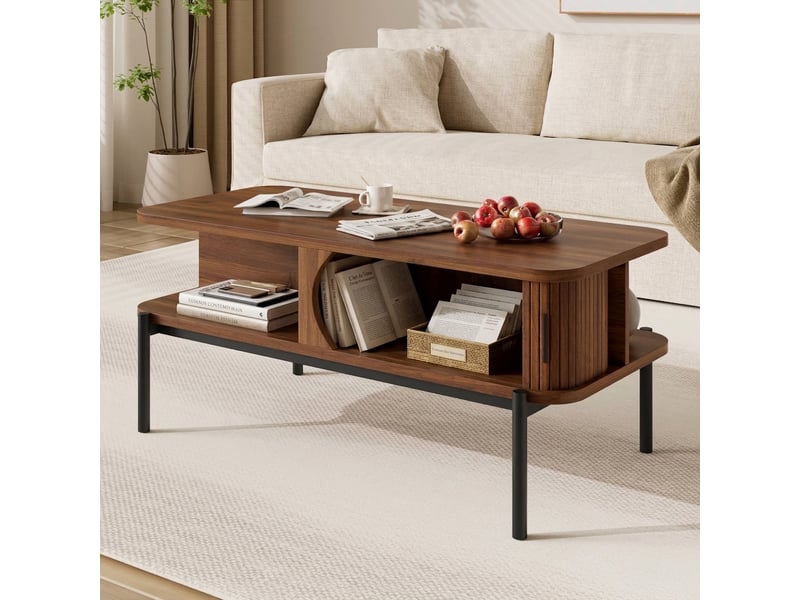  Table basse rectangulaire moderne avec rangement portes coulissantes pieds en métal noir noyer  - Conforama C