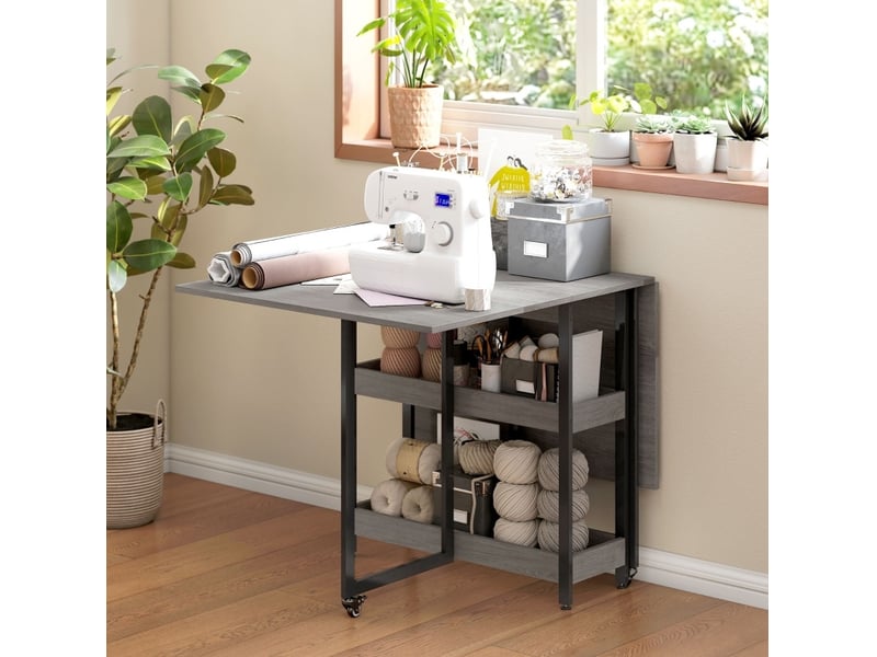 Table à manger pliante mobile 133,4x80x75 cm grise avec 2 étagères - Conforama D