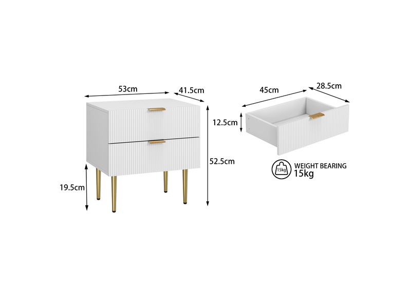  Table de chevet avec 2 tiroirs en mdf et panneaux de particules blancs à pieds métalliques  - Conforama E