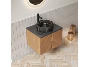 Meuble vasque salle de bain 61 cm avec lavabo rond en verre noir, plan de travail noir, bois marron chêne