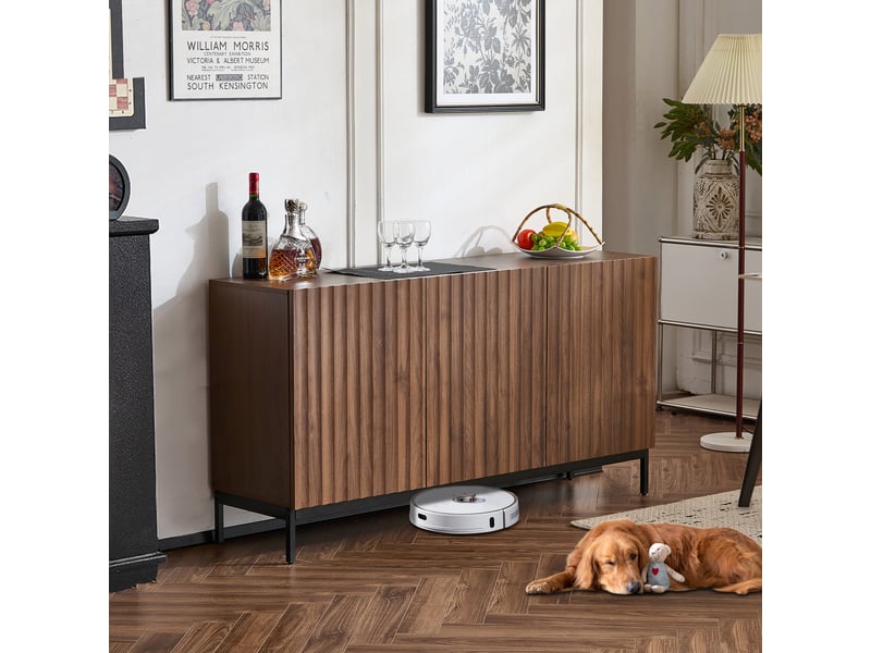  Buffet bois chêne foncé 150x40x80 cm – 3 portes, design ondulé 3d, étagères réglables, pieds métal contemporain  - Conforama B