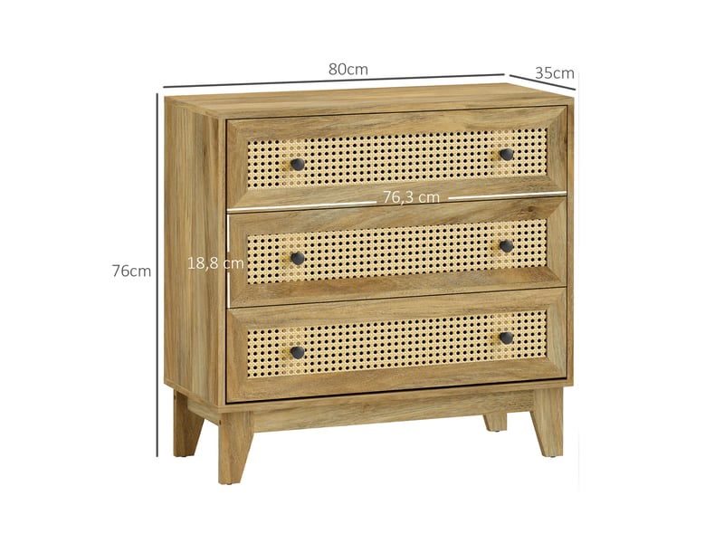  Commode 3 tiroirs meuble de rangement cannage en rotin 80 x 35 x 76 cm aspect bois clair  - Conforama C