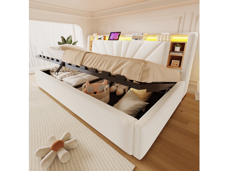  Lit banquette 90x200 cm, coffre hydraulique, dossier rangement, led et usb, 12 lattes, velours beige, sans matelas  - Conforama B