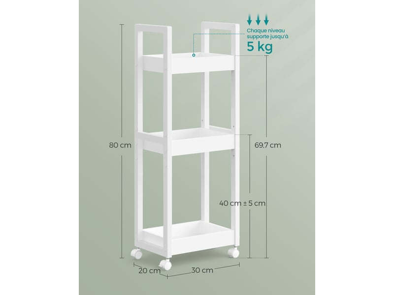  Chariot de rangement étagère mince salle de bain gain de place 20 x 30 x 80 cm en mdf blanc 12_0011436  - Conforama B