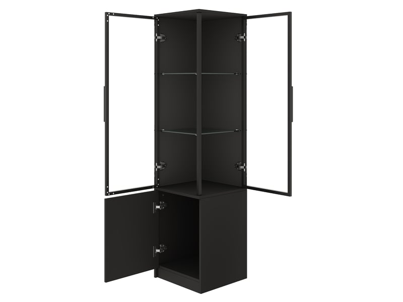 Vitrine d'angle led avec rangements fermés et portes vitrées, en panneau de particules noir, 40 × 40 × 160 cm - Conforama E