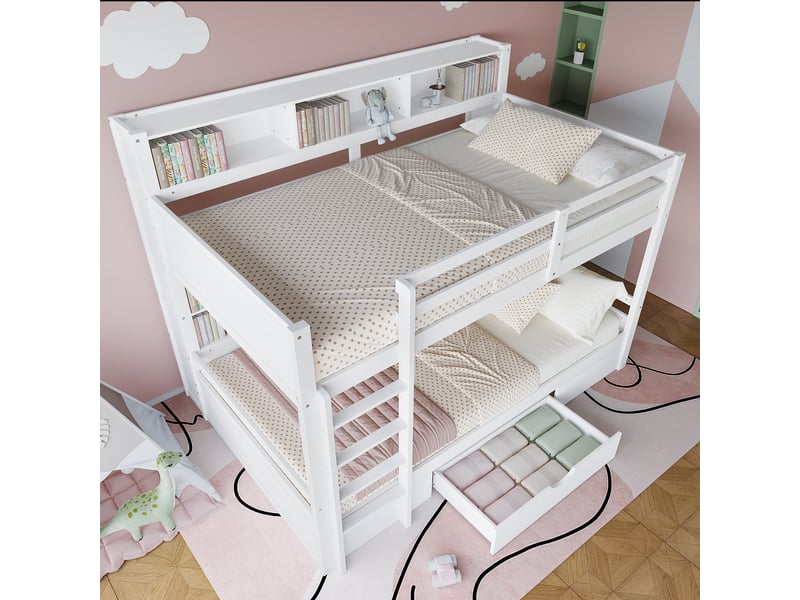  Lit superposé enfant 90x200, lit superposé blanc avec tiroirs et étagères de rangement, cadre en bois, 205x118.5x175cm.  - Conforama R